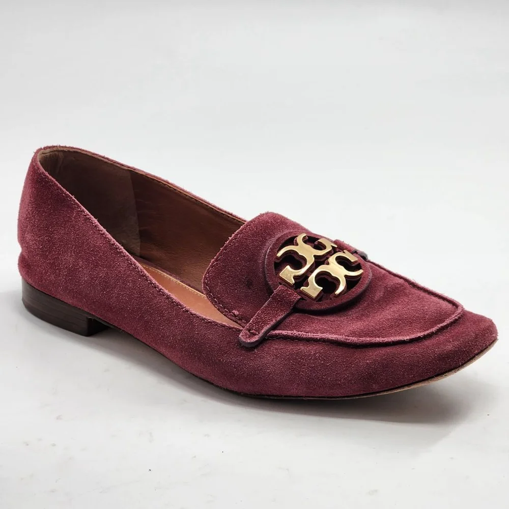 TORY‎ BURCH Miller Square Toe Burgundy Suede Loafers with Gold Logo - Size 8.5